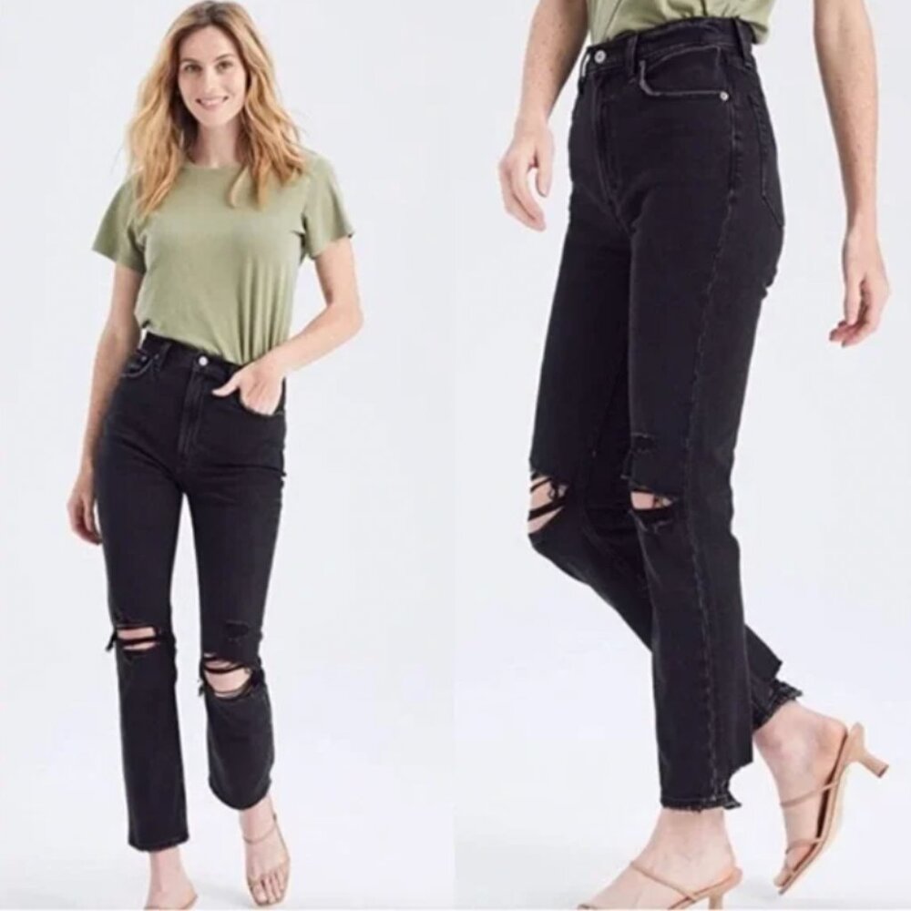 A&F The Ankle Straight Ultra High Rise Black Distressed Jeans, Size 26 (2L)